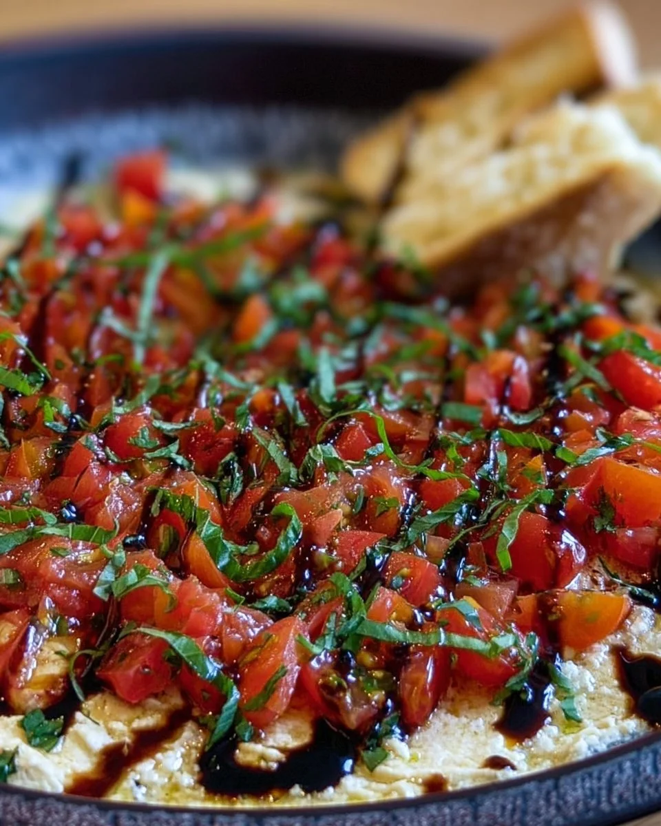 Delicious bruschetta dip served with toasted bread slices