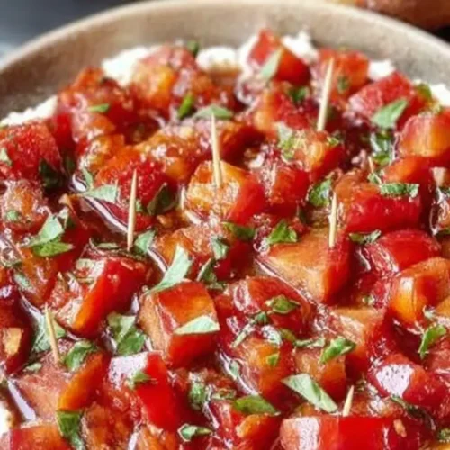 A bowl of vibrant bruschetta appetizers dip with fresh tomatoes and herbs.