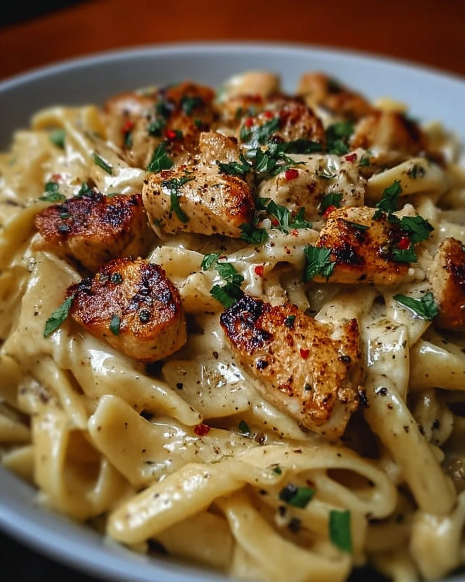 Plate of flavorful Cajun chicken pasta garnished with herbs and spices