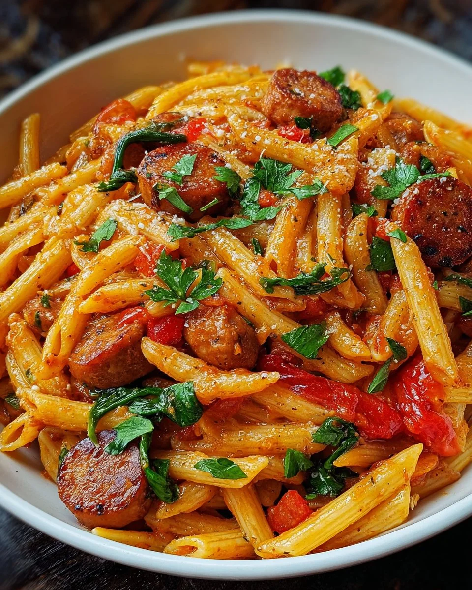 A delicious plate of Cajun Sausage Pasta with colorful peppers garnished on top.