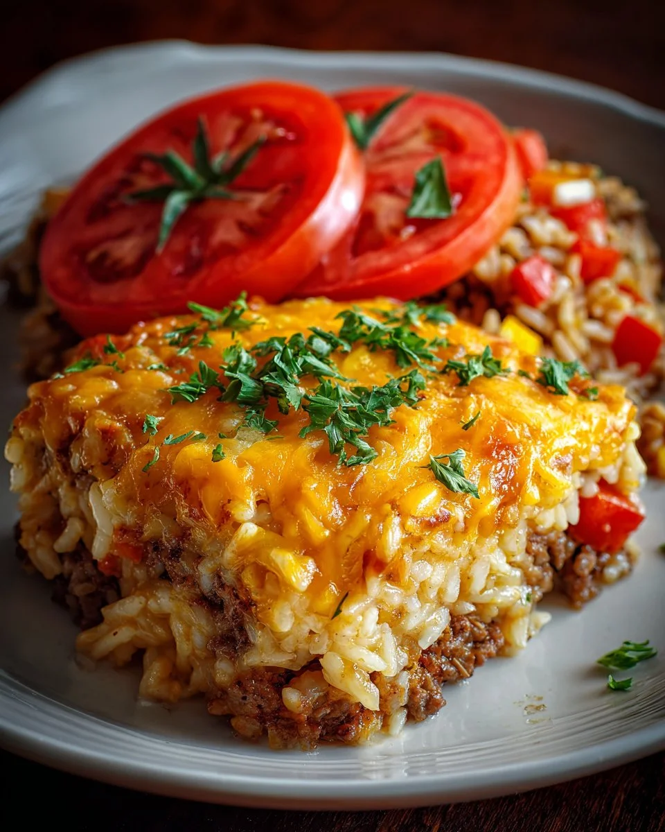 Cheesy Hamburger Rice Casserole served in a baking dish
