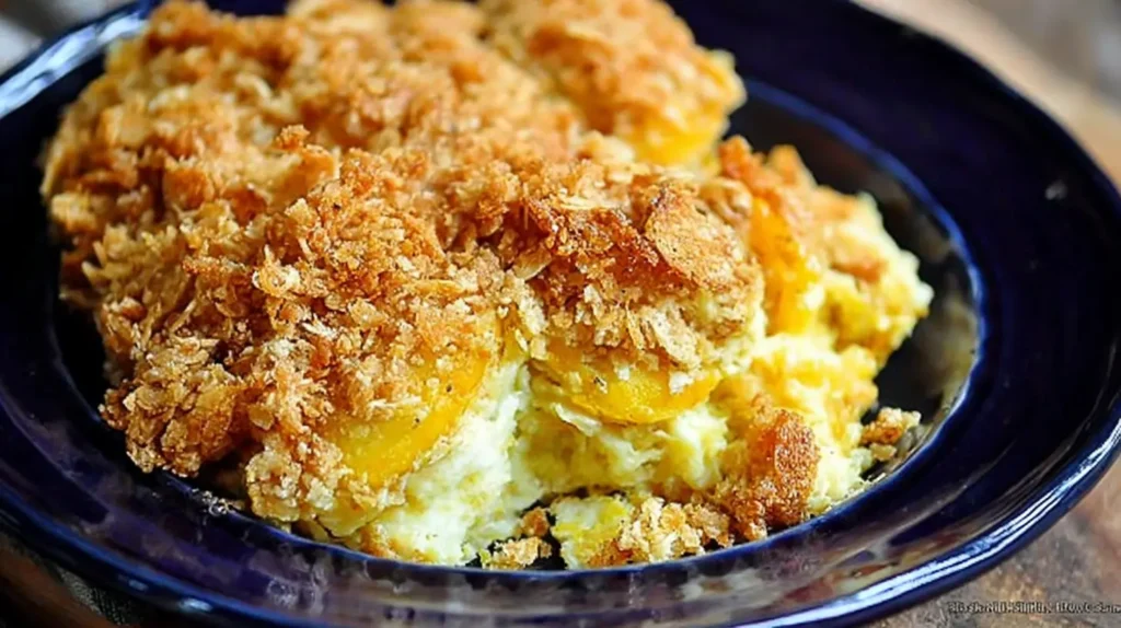 Creamy squash casserole bubbling hot, fresh from the oven, served in a ceramic bowl.