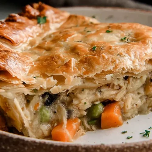A warm chicken pot pie with a golden, flaky crust