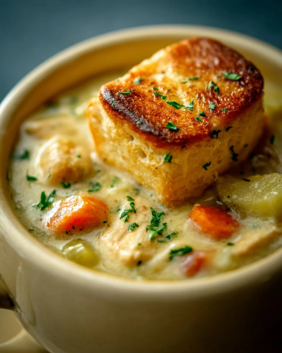 A hearty bowl of Chicken Pot Pie Soup garnished with parsley.