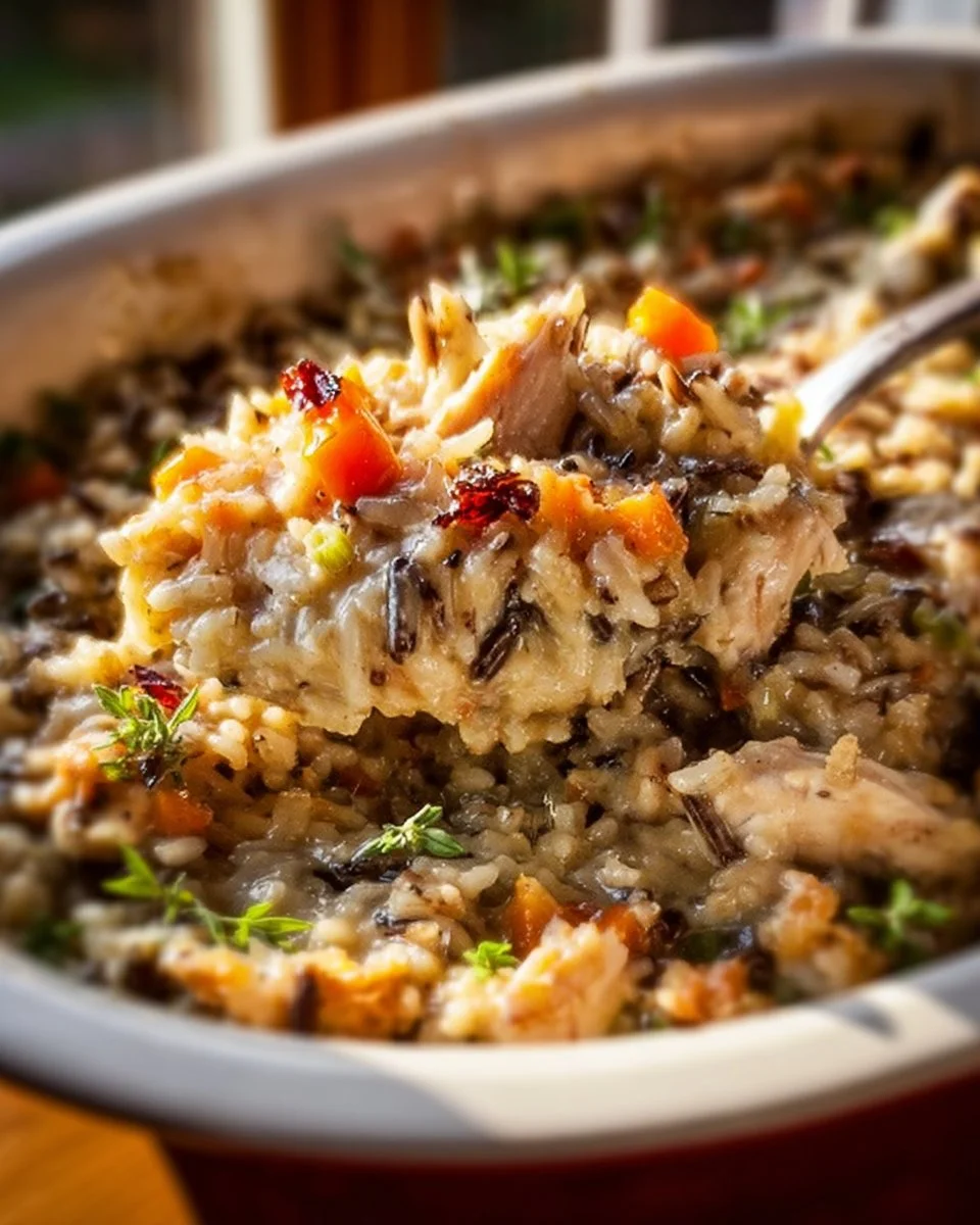 Delicious Chicken Wild Rice Casserole topped with herbs and served warm