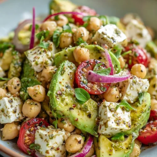 Colorful Chickpea Feta Avocado Salad with fresh ingredients and vibrant colors.