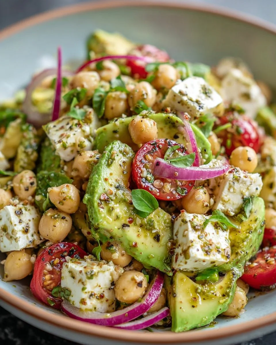 Colorful Chickpea Feta Avocado Salad with fresh ingredients and vibrant colors.