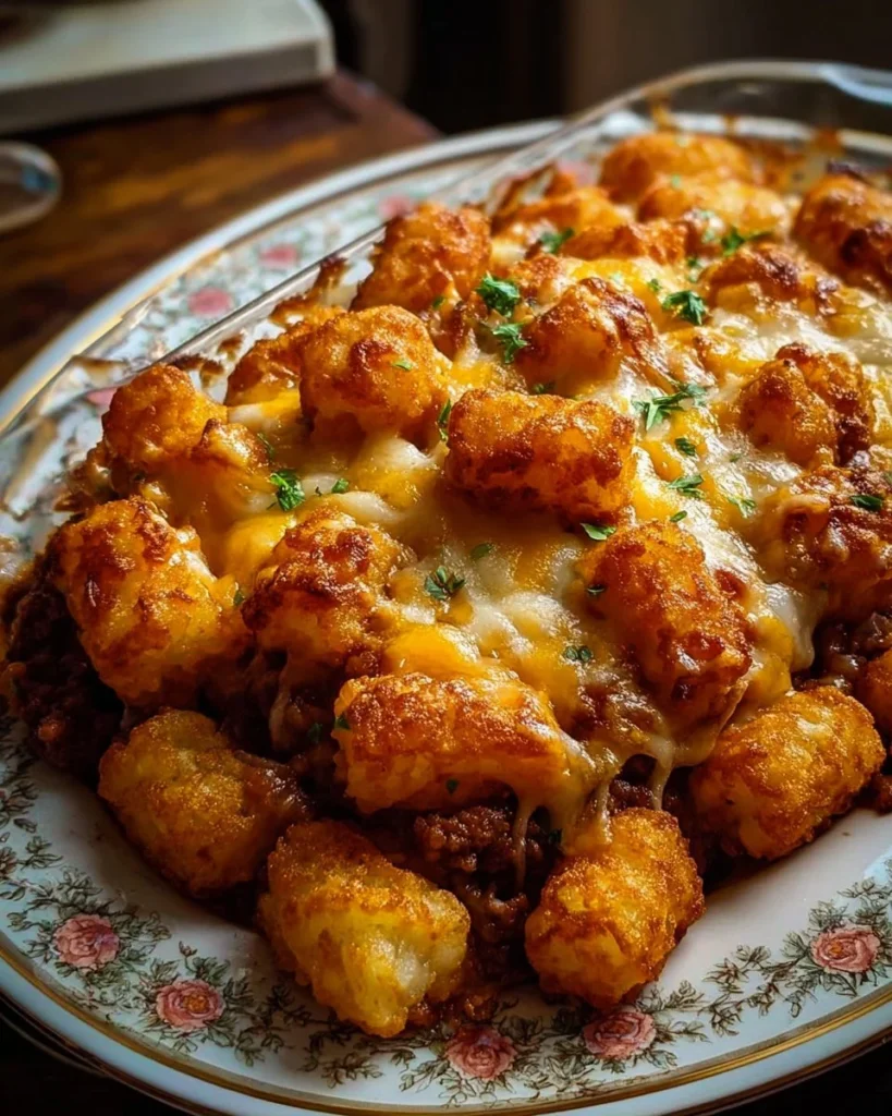 Delicious Chili Cheese Tater Tot Casserole garnished with green onions on a plate