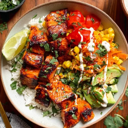 A vibrant chili lime salmon bowl with rice, avocado, and fresh cilantro.