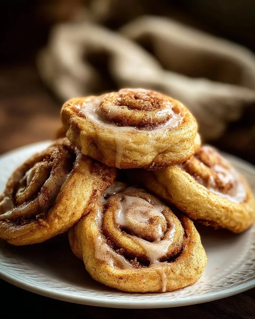 Delicious cinnamon roll cookies stacked on a plate with icing drizzle.