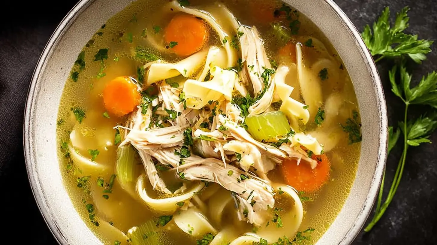 Classic chicken noodle soup served in a white ceramic bowl on a wooden table.