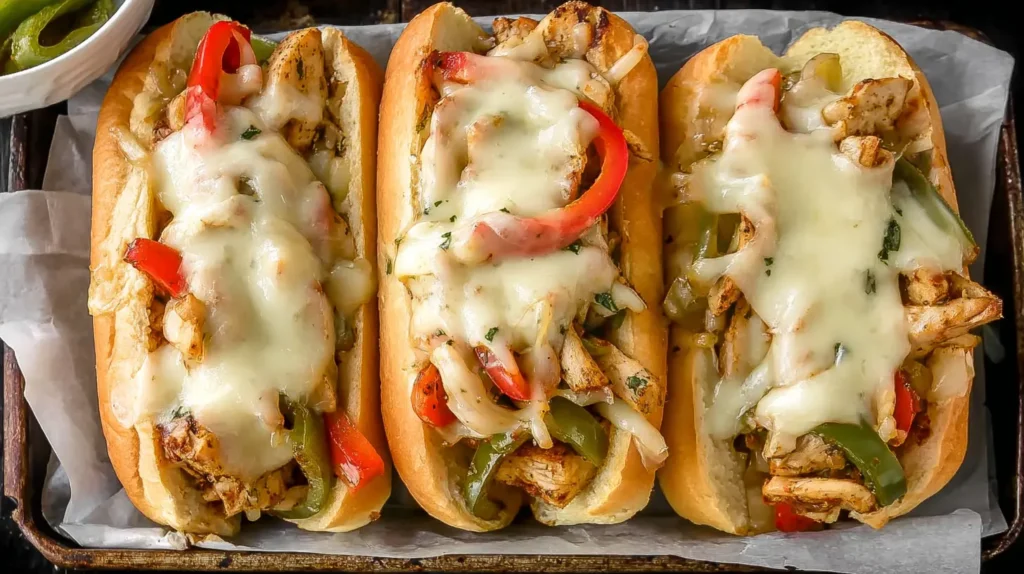 Close-up of a loaded Chicken Philly Cheesesteak on a toasted hoagie roll.