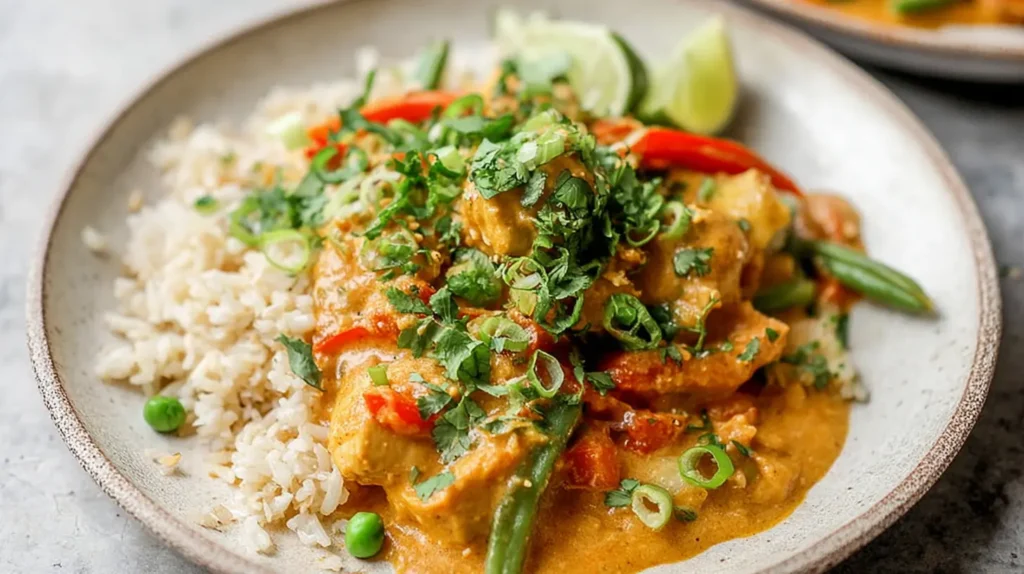 Close-up shot of tender Thai peanut chicken covered in a rich, savory sauce.
