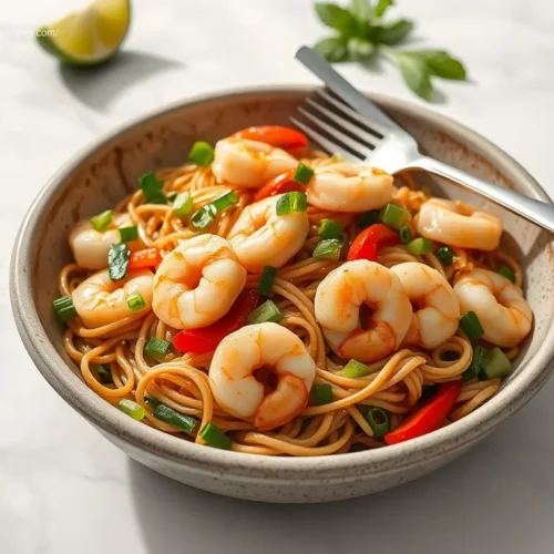 Cold Sesame Noodle Shrimp Salad artfully arranged