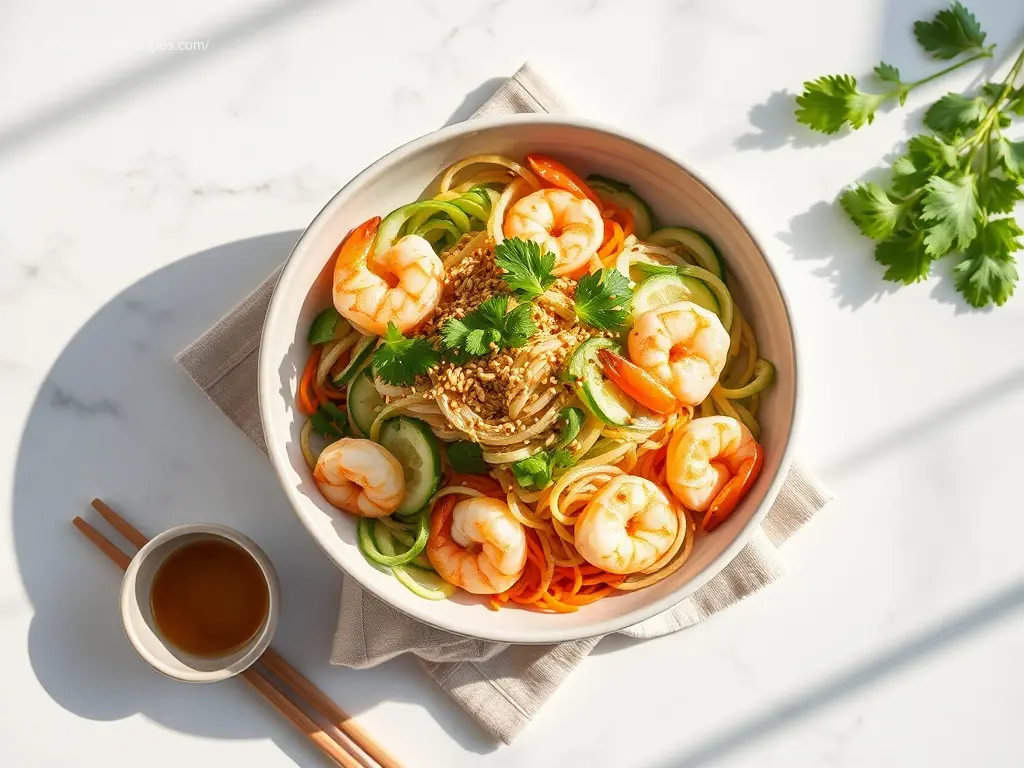 Cold Sesame Noodle Shrimp Salad artfully arranged