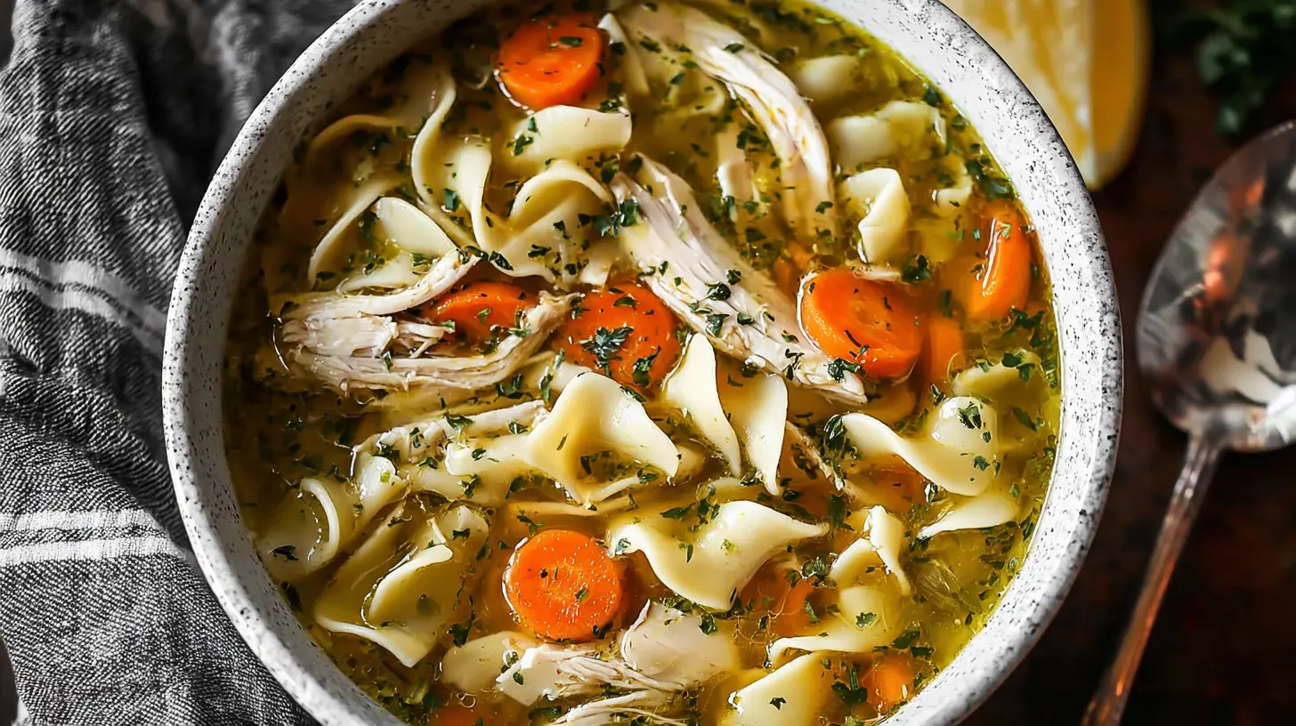 Rustic homemade chicken noodle soup in a ceramic bowl on a wooden table.