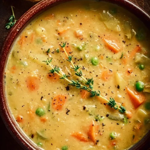 Creamy vegetable soup in a bowl garnished with fresh herbs