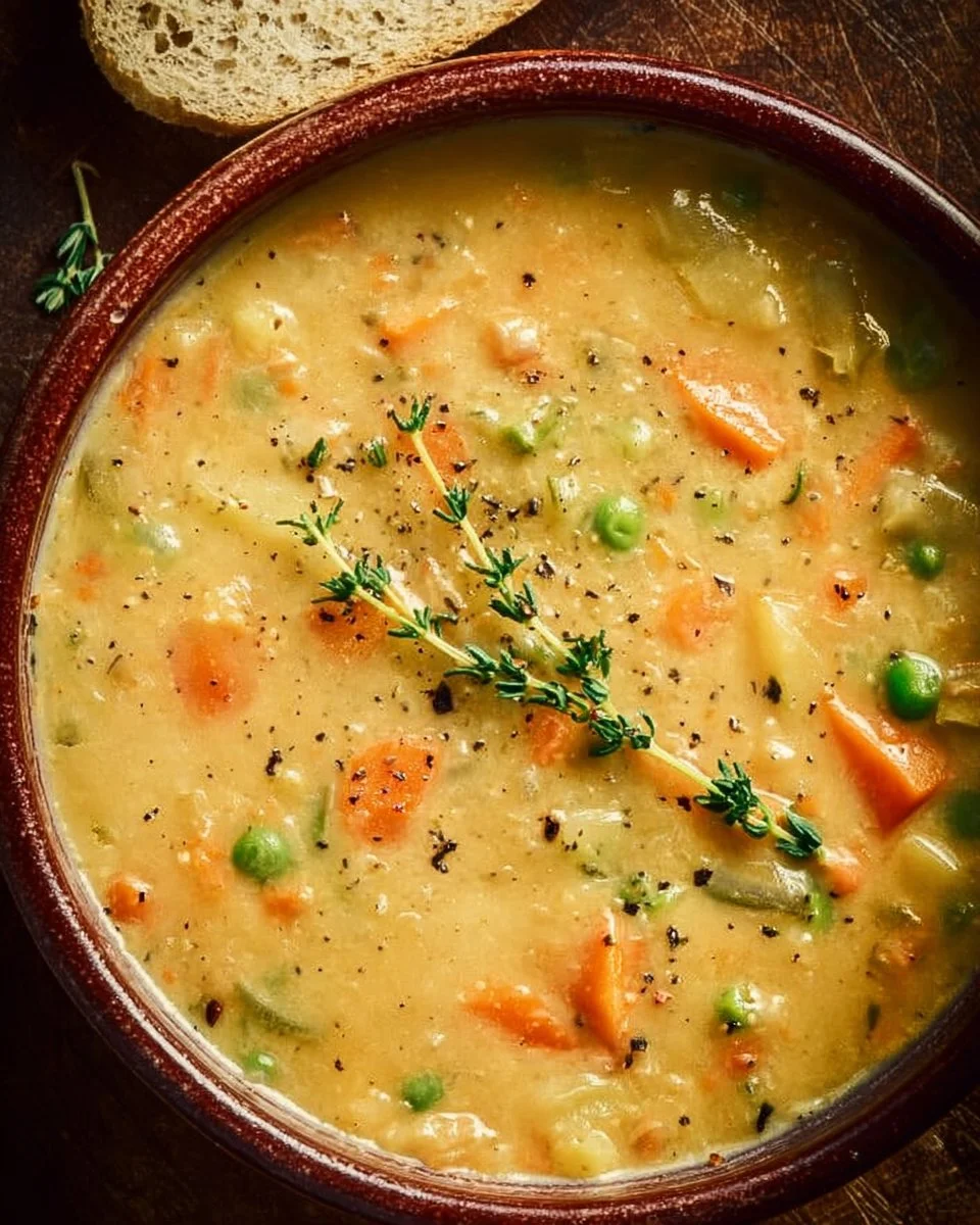Creamy vegetable soup in a bowl garnished with fresh herbs