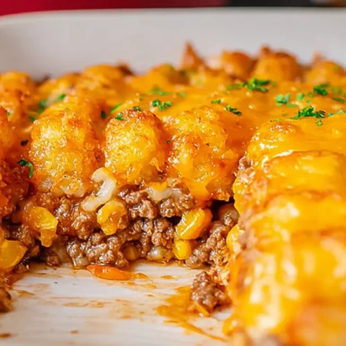 A bubbling Cowboy Casserole with ground beef, corn, and melted cheese, ready to serve.
