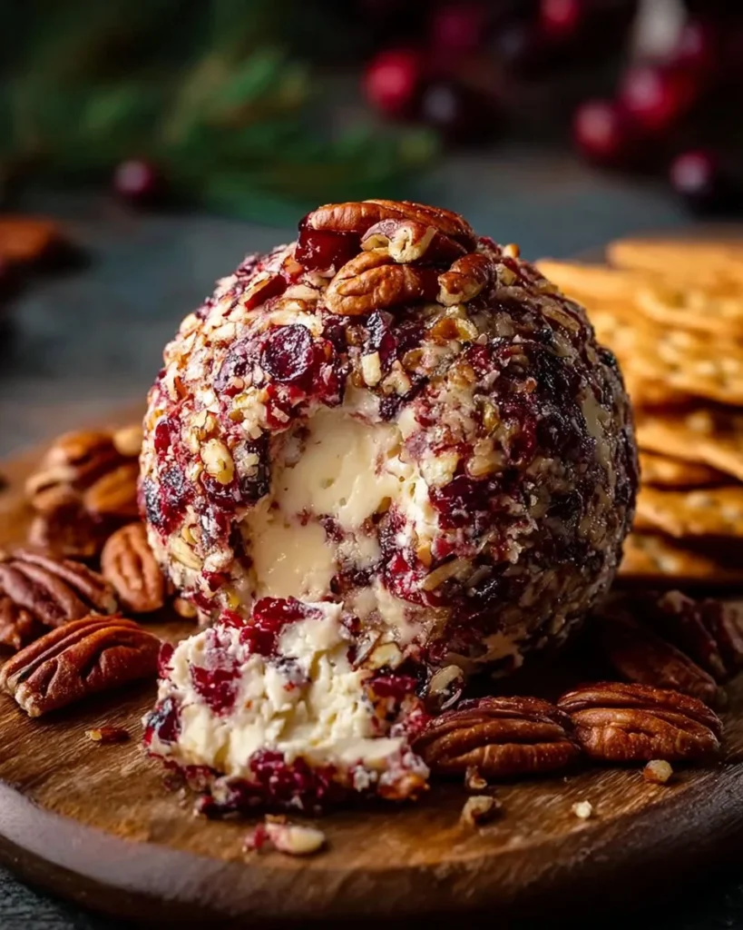 Cranberry pecan cheese ball on a platter with crackers and nuts