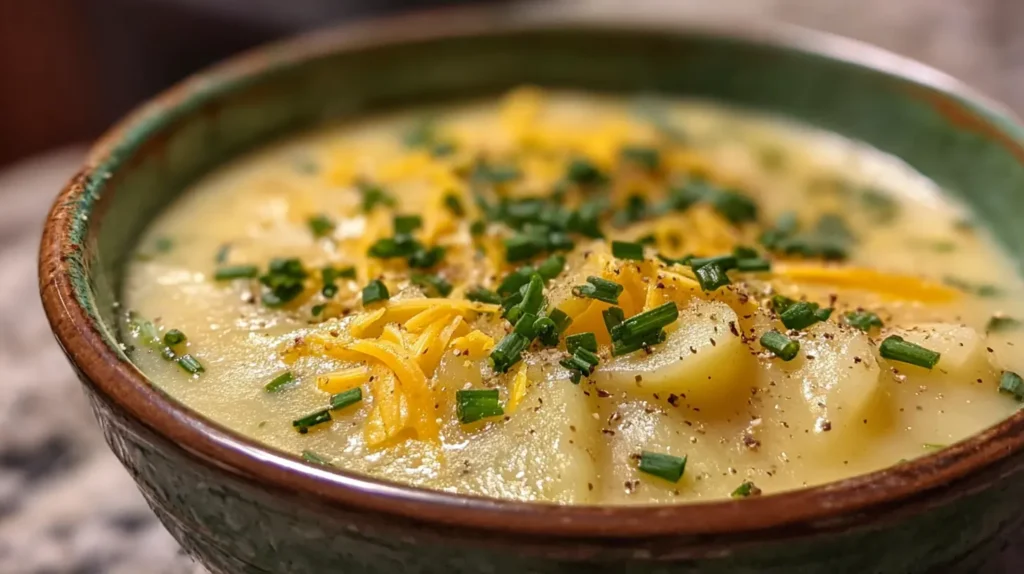 Close-up of creamy Cheddar Garlic Herb Potato Soup in a white bowl.