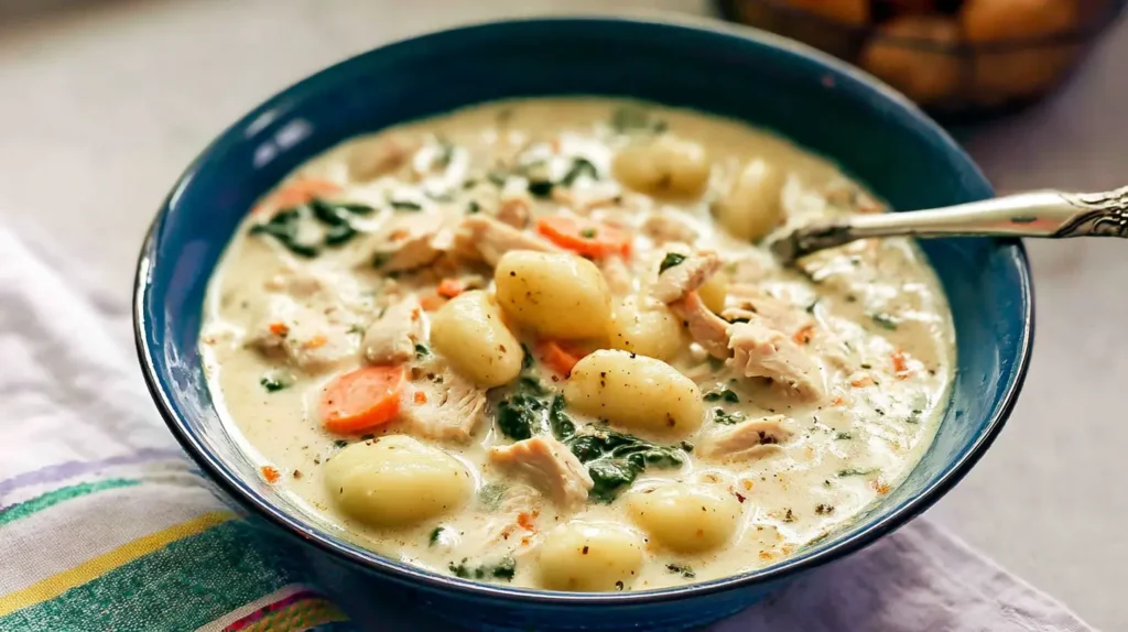 Creamy chicken gnocchi soup served in a white bowl, ready to eat