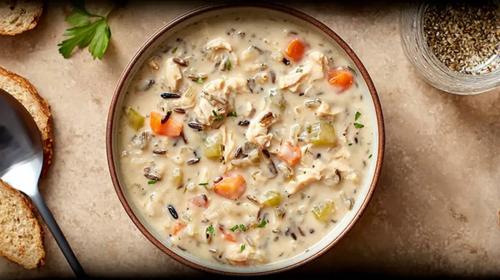 Creamy slow cooker chicken and wild rice soup garnished with herbs.