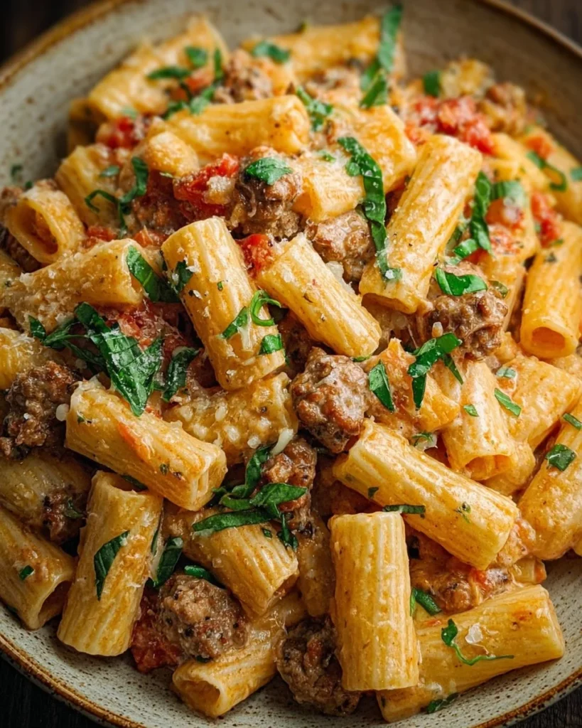 Creamy Italian sausage rigatoni topped with parmesan and fresh herbs