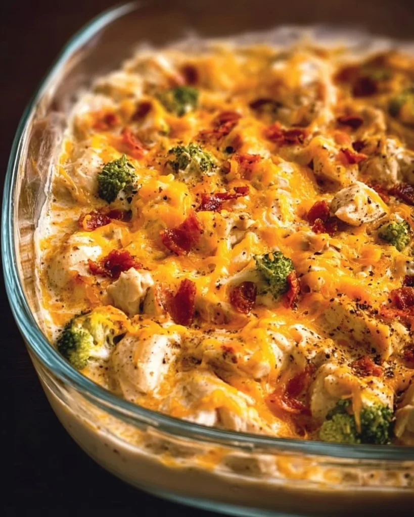 Creamy low carb chicken casserole topped with cheese and herbs