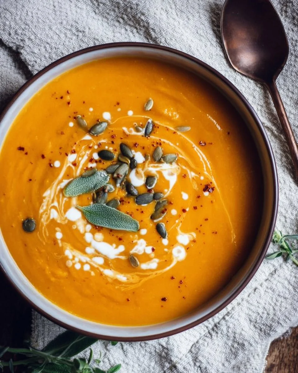 Creamy pumpkin and sweet potato soup in a bowl with a sprinkle of herbs