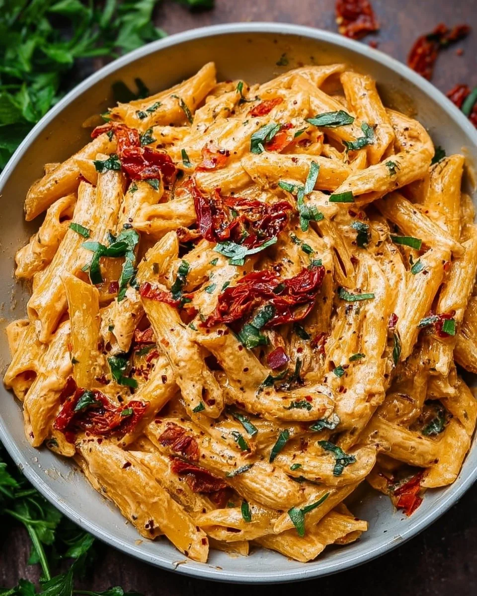 Creamy vegan sun-dried tomato pasta served in a bowl with fresh herbs