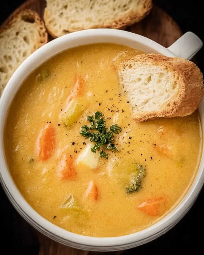 Bowl of creamy vegetable soup with colorful vegetables and herbs