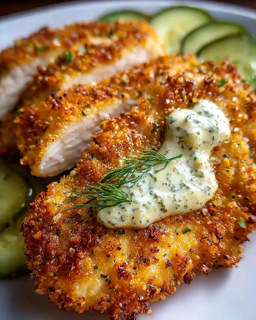Crispy Dill Pickle Parmesan Chicken served with sides
