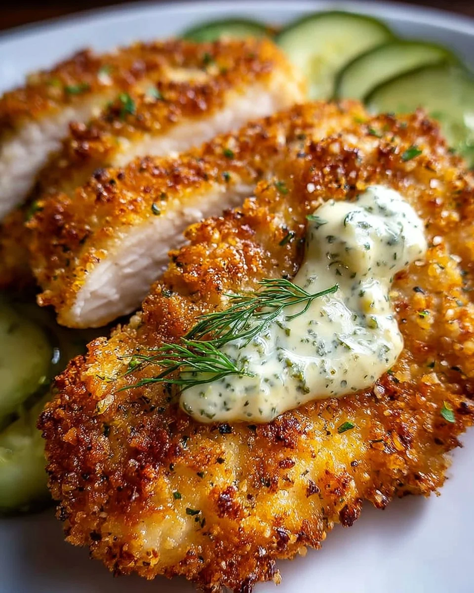 Crispy Dill Pickle Parmesan Chicken served with sides