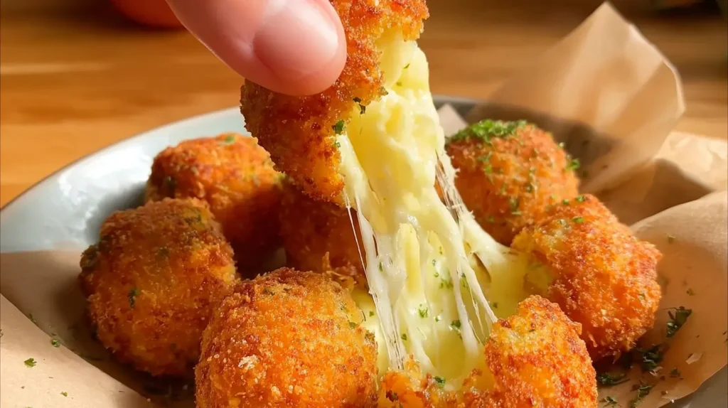 Crispy fried potato cheese balls, perfectly rounded and appetizing.