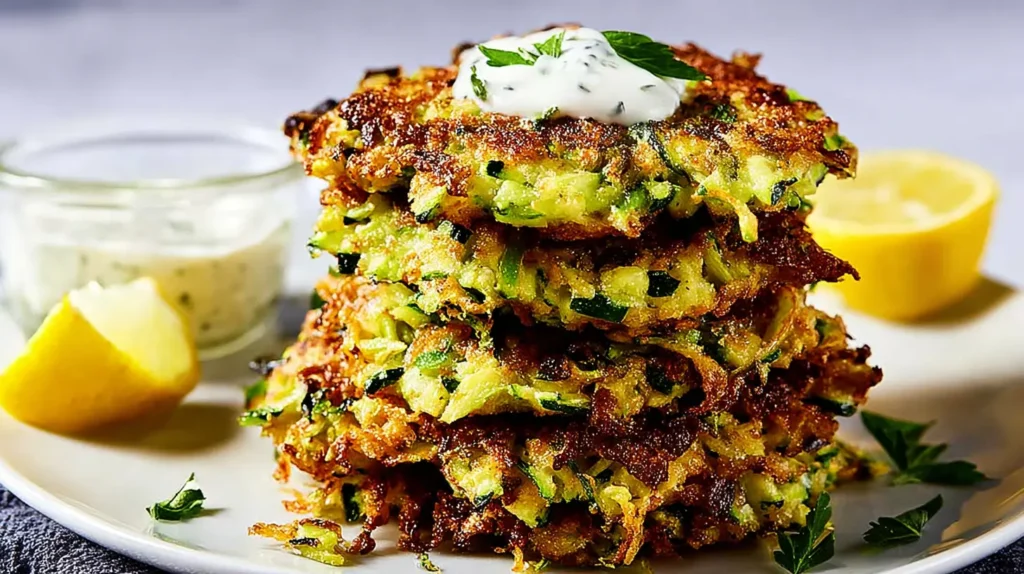 Close-up of crispy zucchini fritters, perfectly fried and ready to serve.