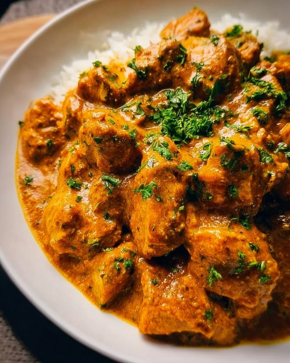 Delicious Crockpot Butter Chicken served with rice and naan.