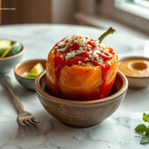 Crockpot Chicken Enchilada Stuffed Peppers overhead flatlay