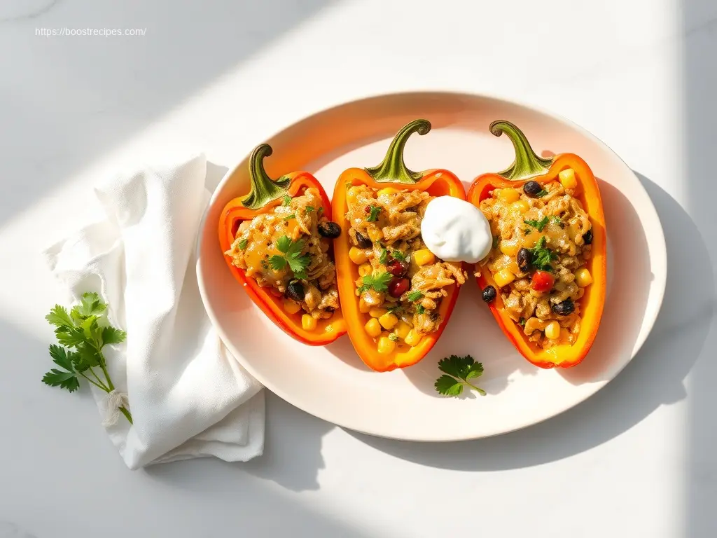 Crockpot Chicken Enchilada Stuffed Peppers overhead flatlay