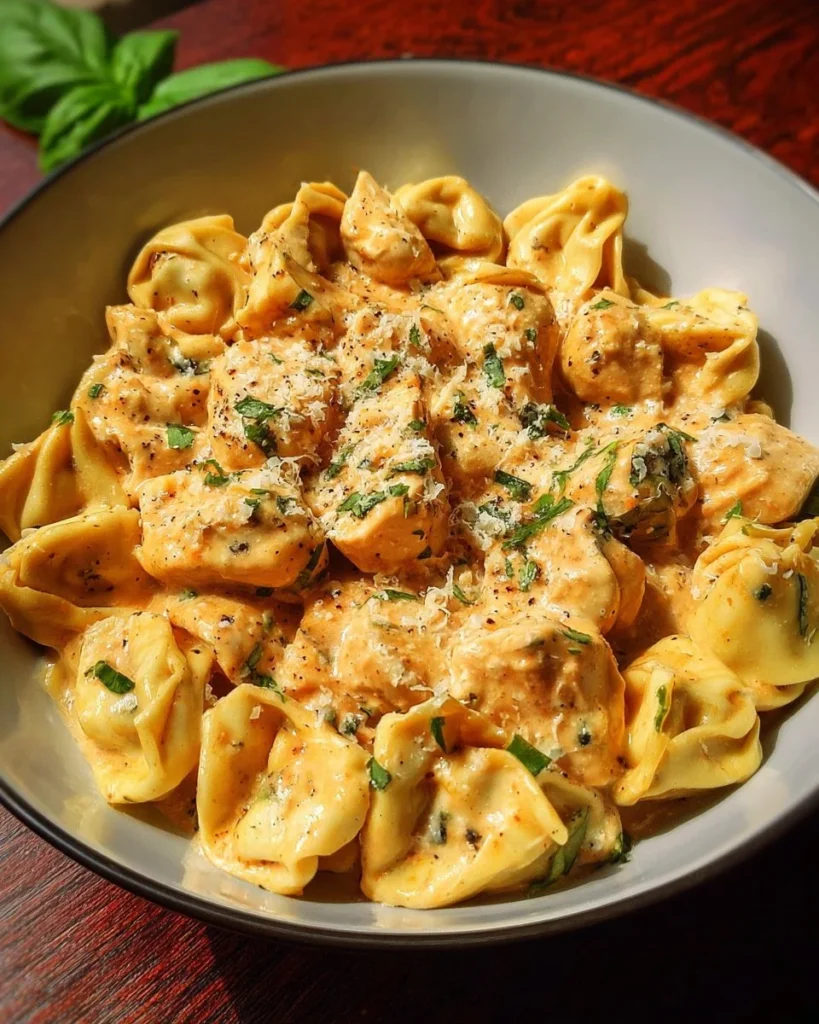 CrockPot Chicken Tortellini served in a bowl with fresh herbs