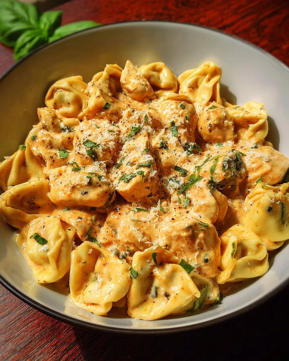 CrockPot Chicken Tortellini served in a bowl with fresh herbs
