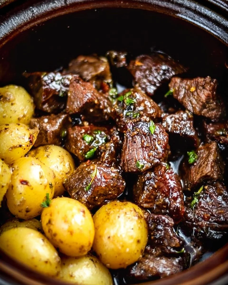 Crockpot Garlic Butter Beef Bites with Potatoes served in a bowl