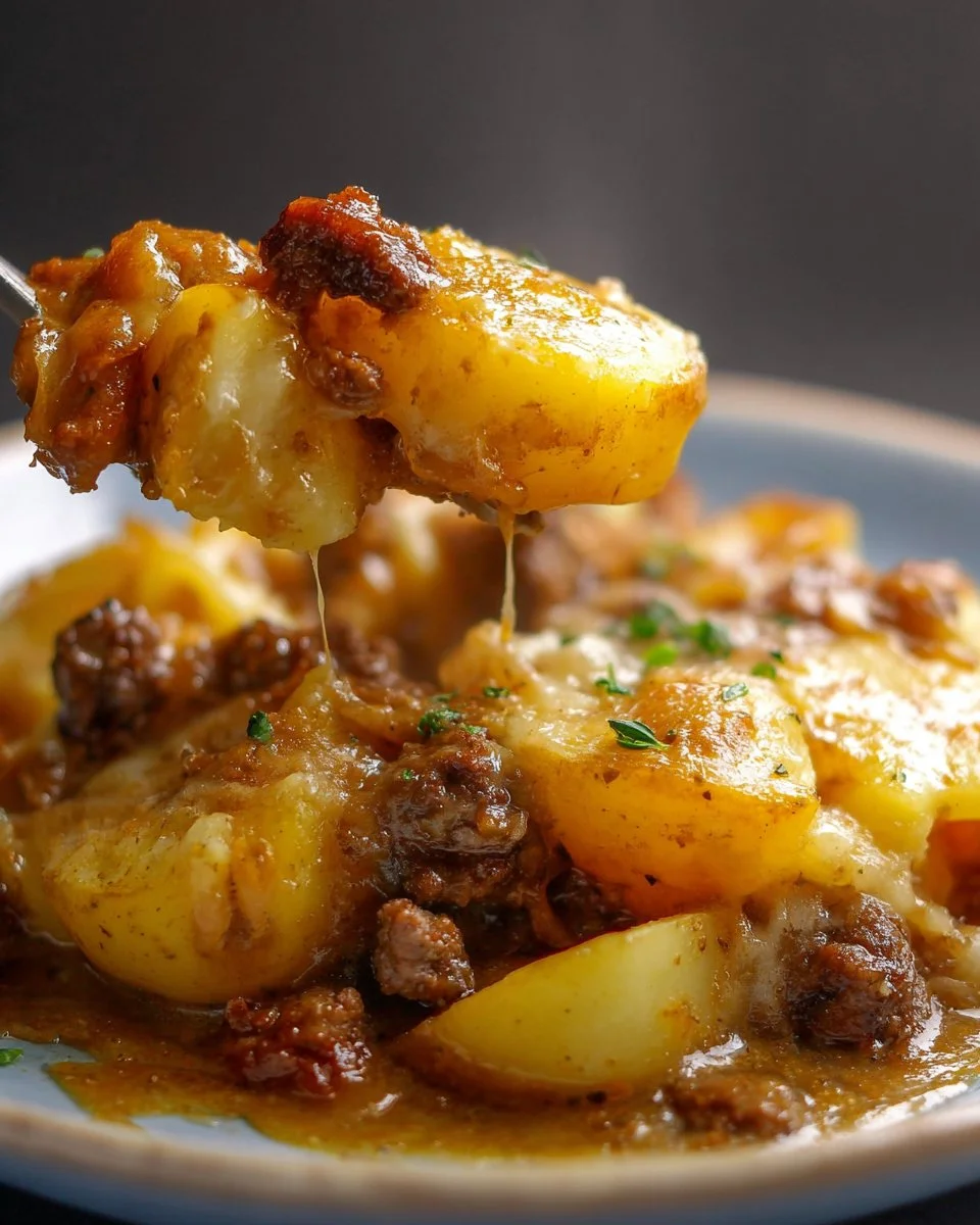 Quick and easy Crockpot Hamburger Potato Casserole with ground meat and potatoes