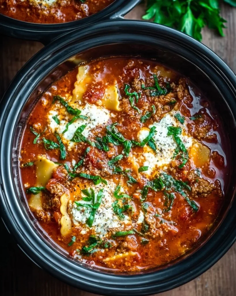 Delicious crockpot lasagna soup in a bowl with fresh herbs