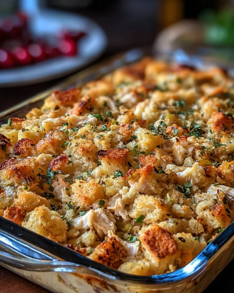 Dolly’s Chicken and Stuffing Casserole ready to serve
