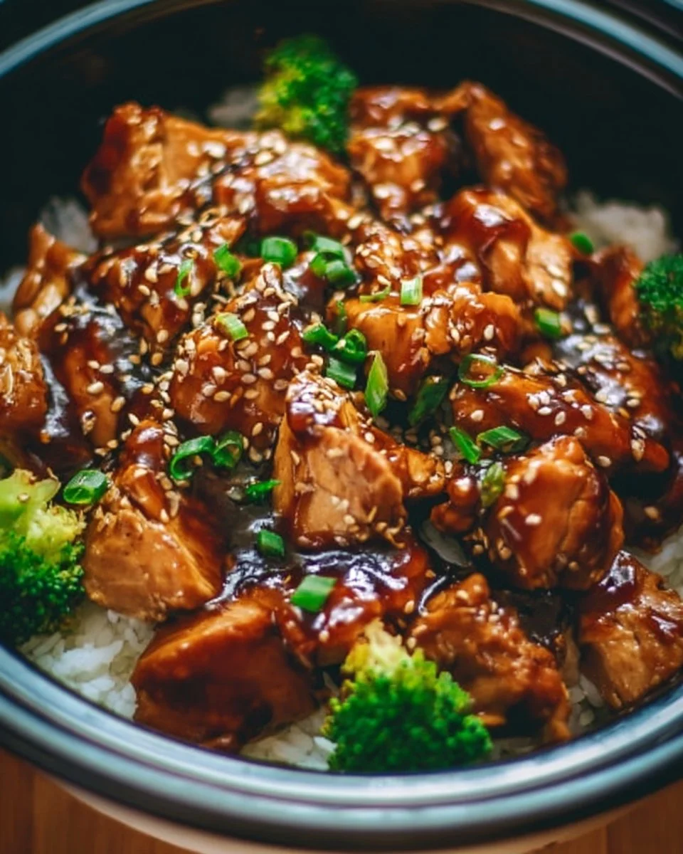 Crockpot Teriyaki Chicken served with rice and vegetables