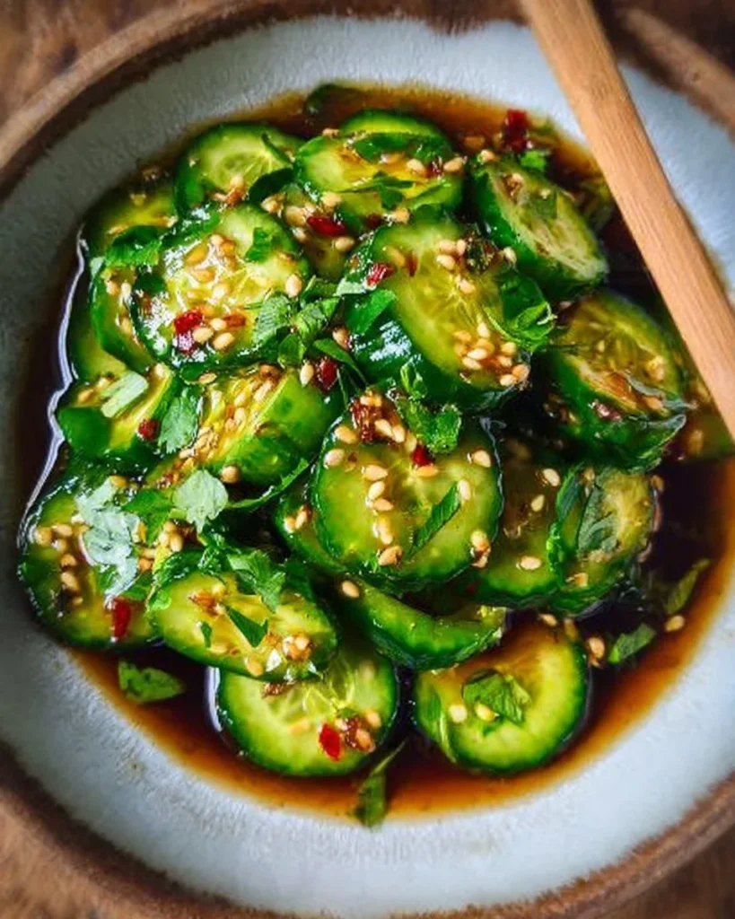 Bowl of easy Asian cucumber salad garnished with sesame seeds and herbs