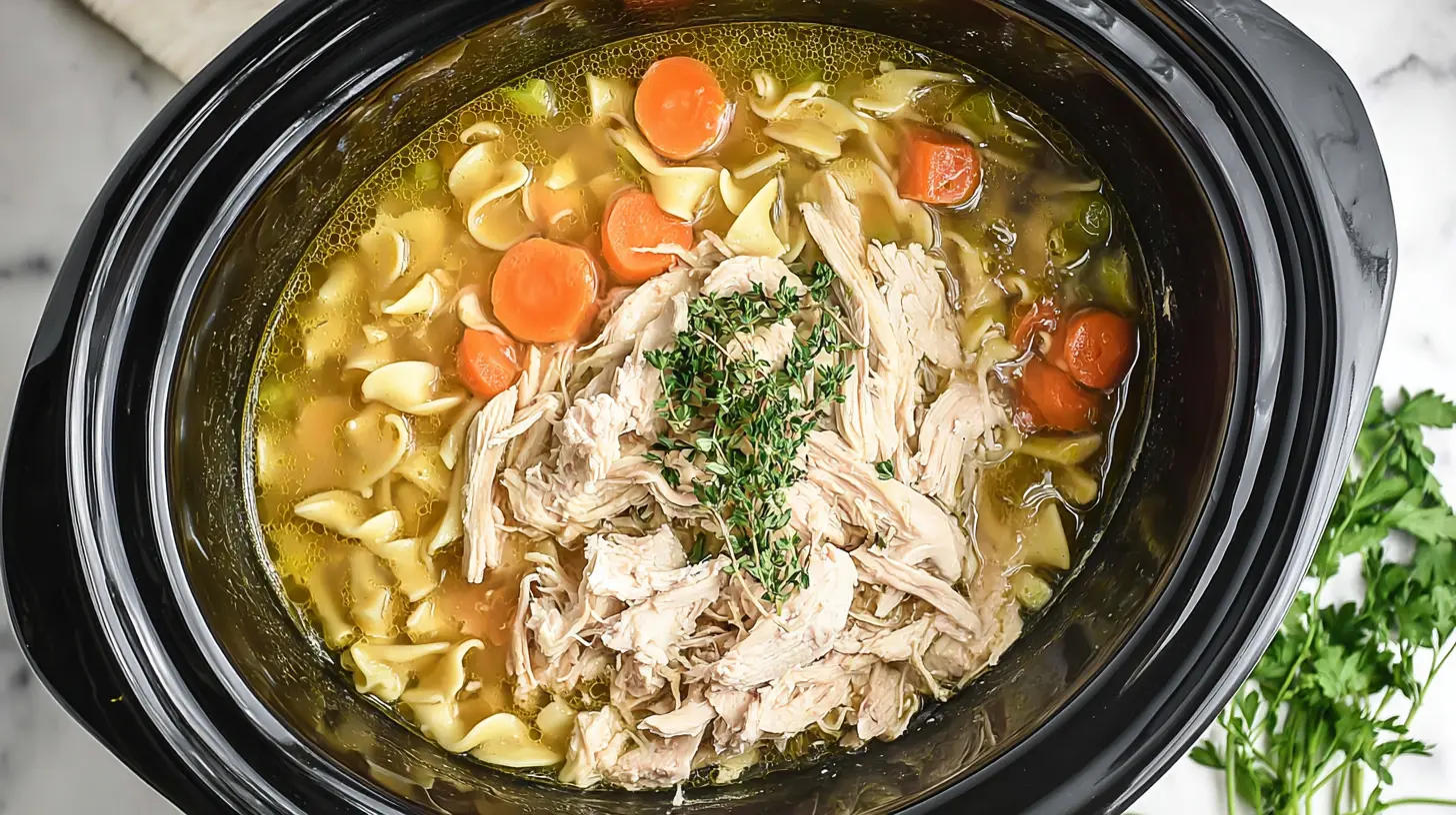 Close-up of a delicious Crockpot Chicken Noodle Soup with tender chicken and vegetables.