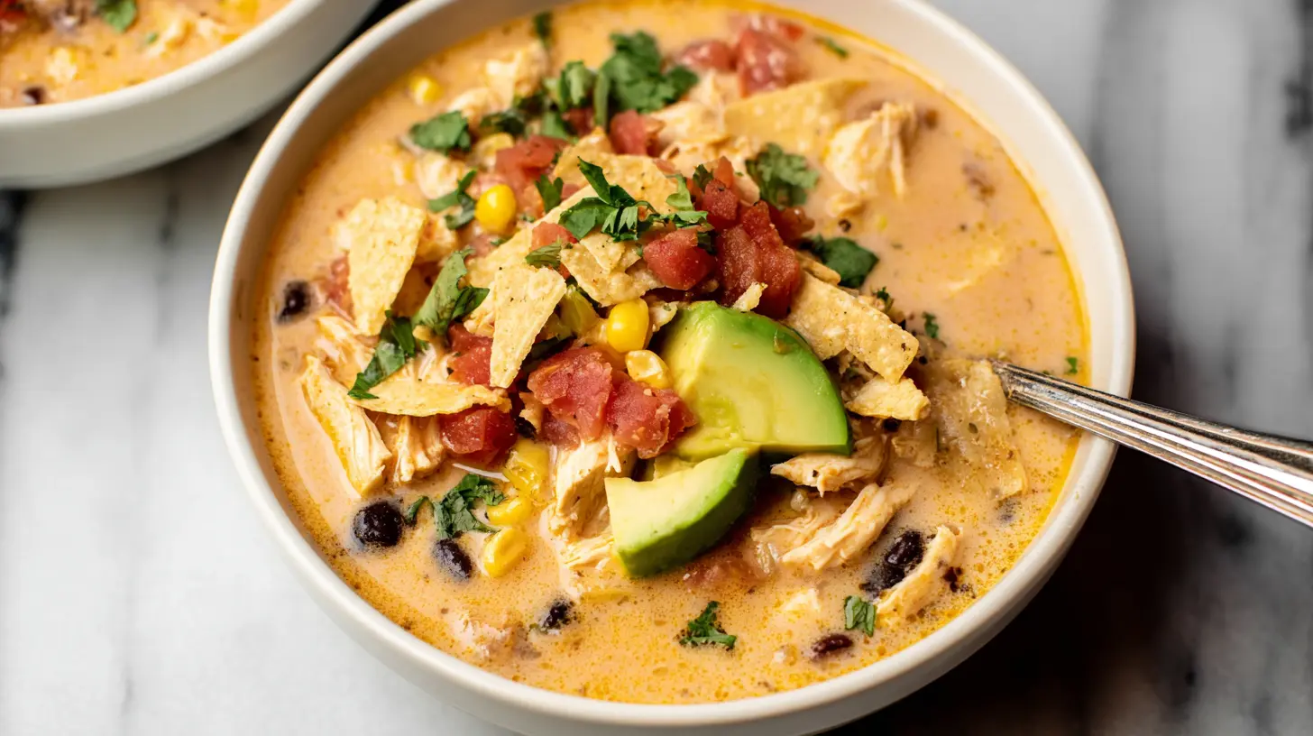 Close-up of a comforting chicken taco soup garnished with avocado and lime.