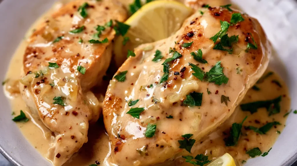 Tender pieces of creamy chicken prepared in a slow cooker.